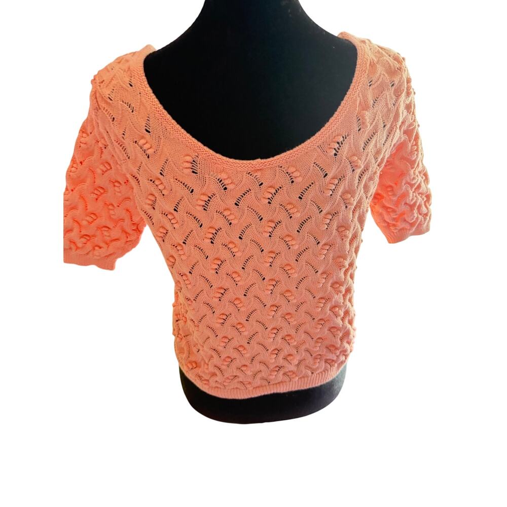 Eight Eight Eight Open Knit Cable Sweater Womens M Peach Textured Short Sleeve - Picture 3 of 7